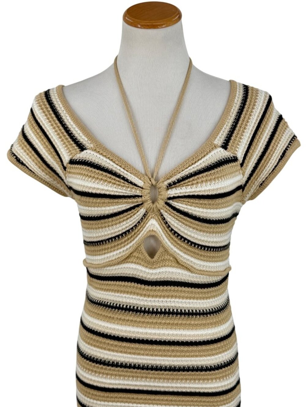 Madden NYC Crochet Knit Neutral Striped Mini Dress M| Coastal Cowgirl Boho Indie - Picture 12 of 16